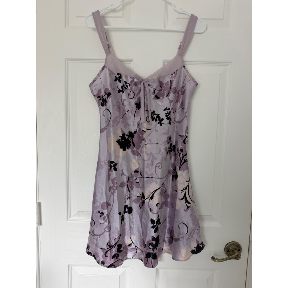 Jones New York Vintage Y2K Satin Slip Mini Babydoll Dress Purple Black Floral S
